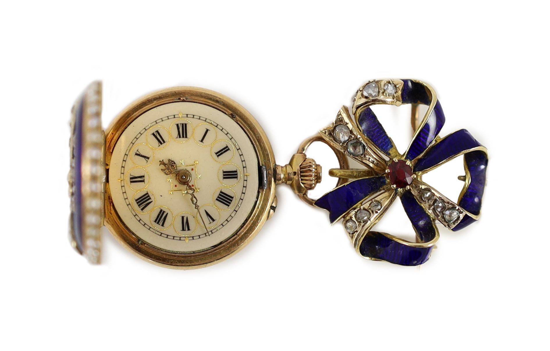 A lady's late 19th/early 20th century Swiss 18ct gold, enamel, split pearl and diamond set fob watch, on an associated 18ct gold, enamel, ruby and diamond set ribbon bow suspension brooch